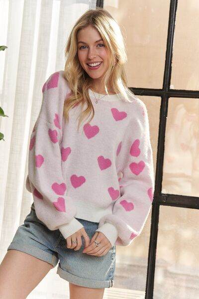 ADORA Heart Round Neck Drop Shoulder Sweater - Hovatok