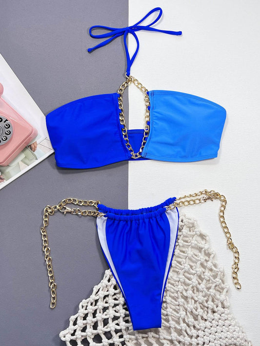 Chain Detail Halter Neck Bikini Set - Hovatok