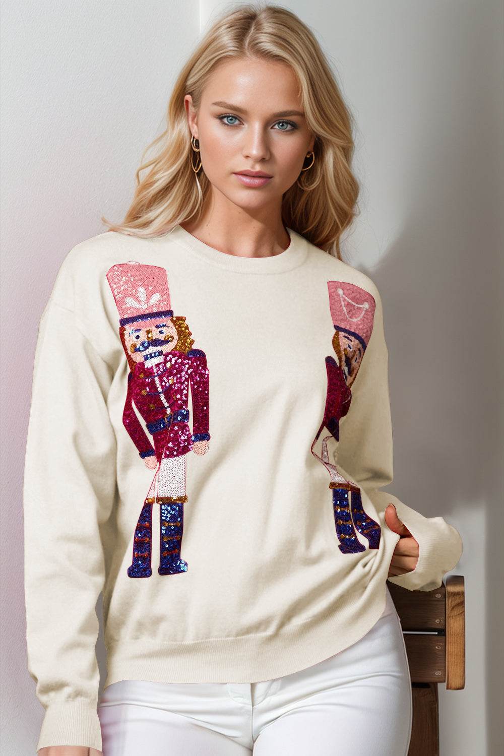 Double Take Full Size Nutcracker Sequin Long Sleeve Sweater - Hovatok