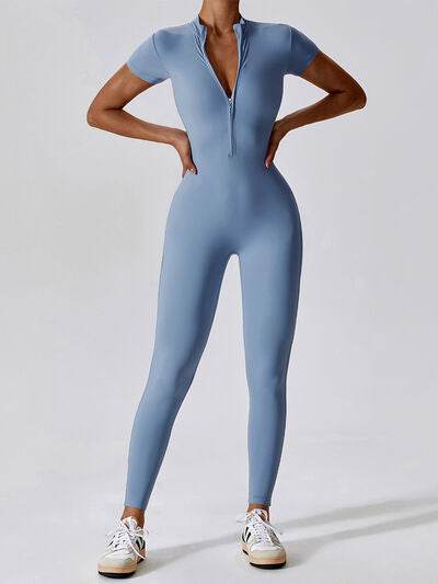 Basic Bae Half Zip Short Sleeve Active Jumpsuit - Hovatok