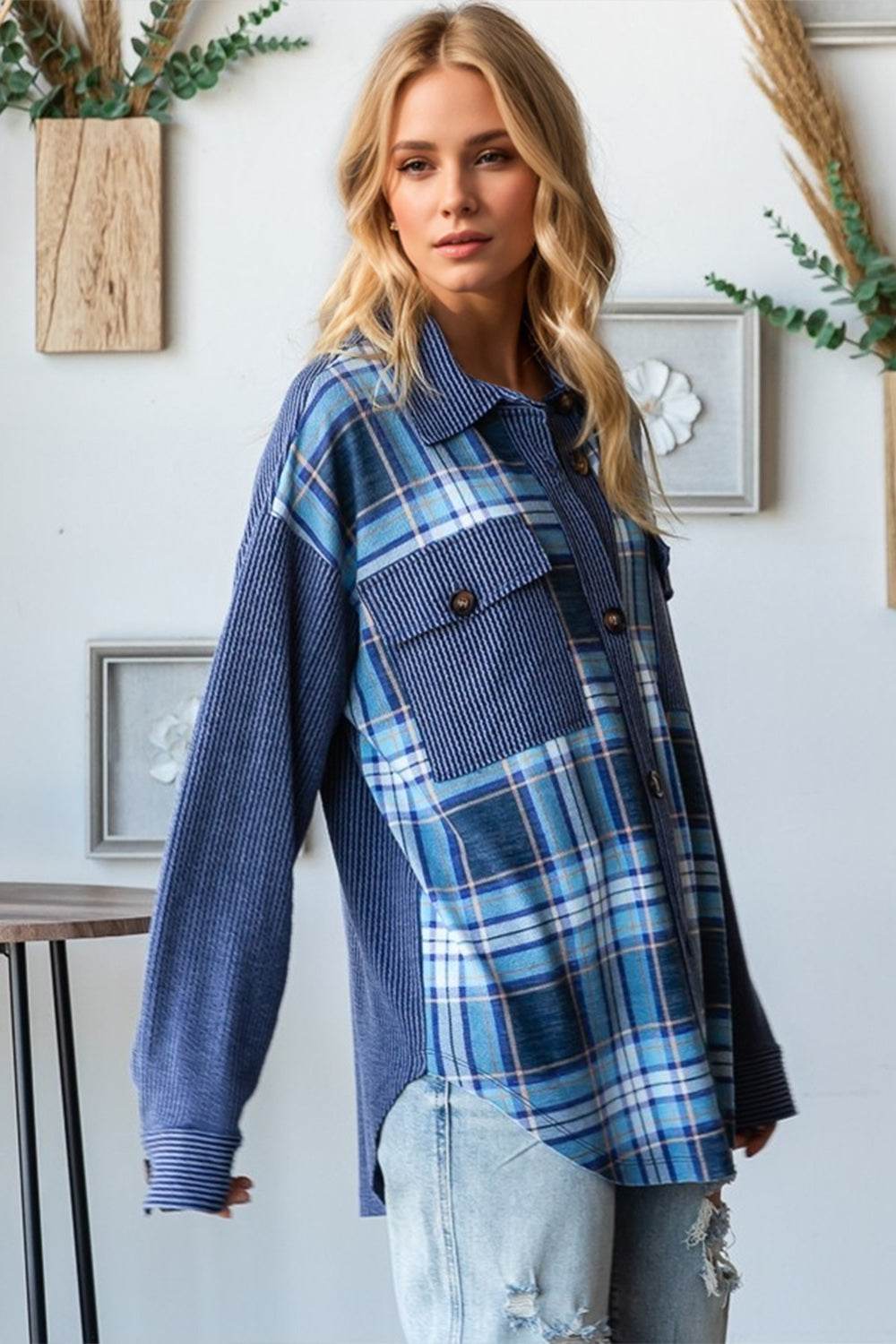 Oh Plaid Button Up Long Sleeve Shacket with Breast Pockets - Hovatok