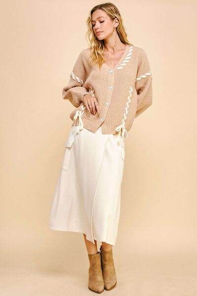 Davi & Dani Lace-Up Ribbon Bow Button Down Cardigan - Hovatok