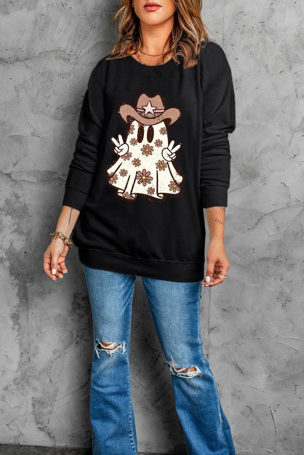 Ghost Round Neck Long Sleeve Sweatshirt - Hovatok