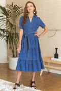 ADORA Tiered Button Down Tie Waist Short Sleeve Denim Dress - Hovatok