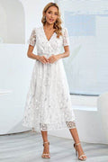 Sequin Leaf Embroidery Tie Front Short Sleeve Dress - Hovatok