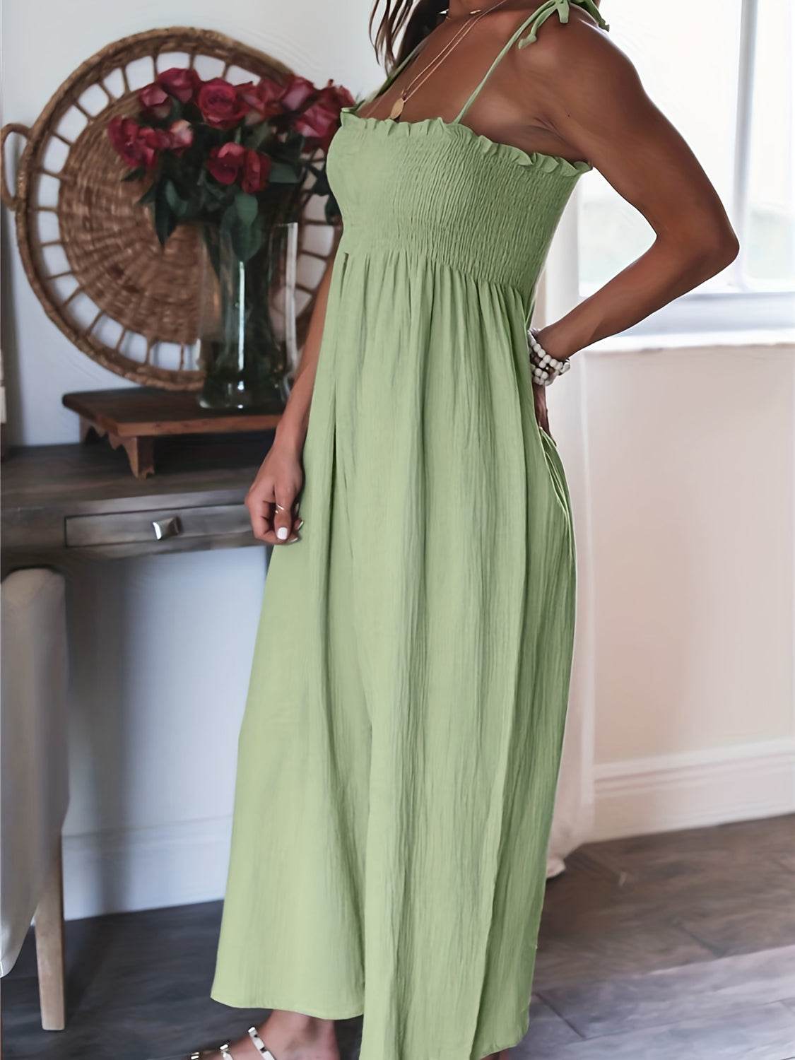 Full Size Smocked Spaghetti Strap Wide Leg Jumpsuit - Hovatok