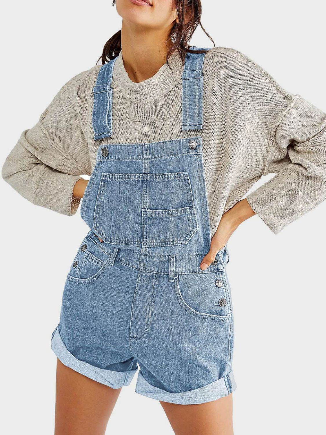 Pocketed Square Neck Wide Strap Denim Overalls - Hovatok