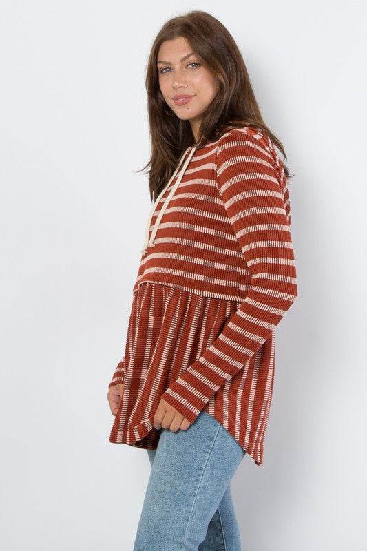 Be Stage Full Size Drawstring Striped Babydoll Hoodie - Hovatok