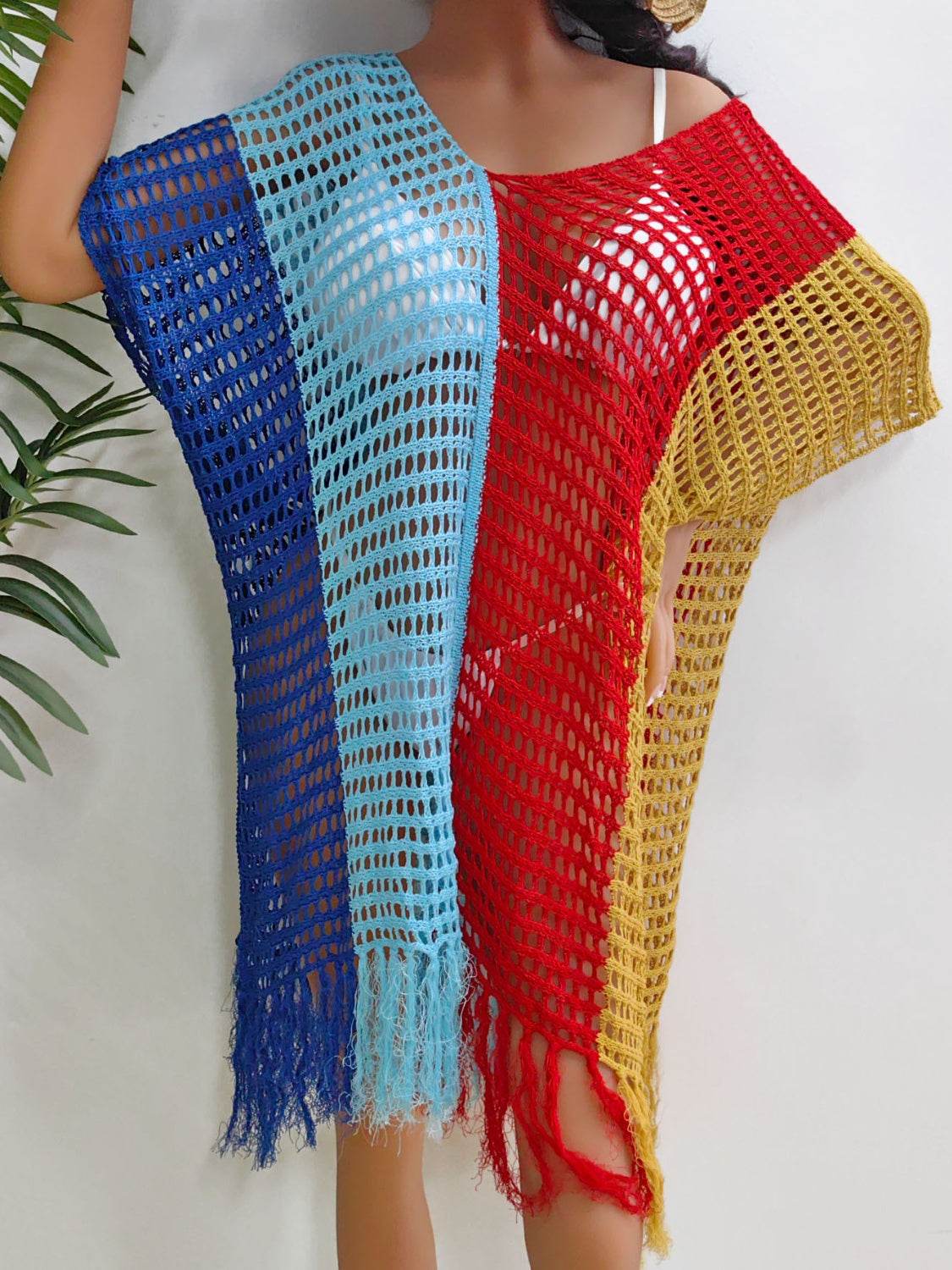 Fringe Color Block Scoop Neck Cover Up - Hovatok