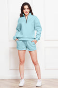 Half Zip Long Sleeve Sweatshirt and Drawstring Shorts Set - Hovatok