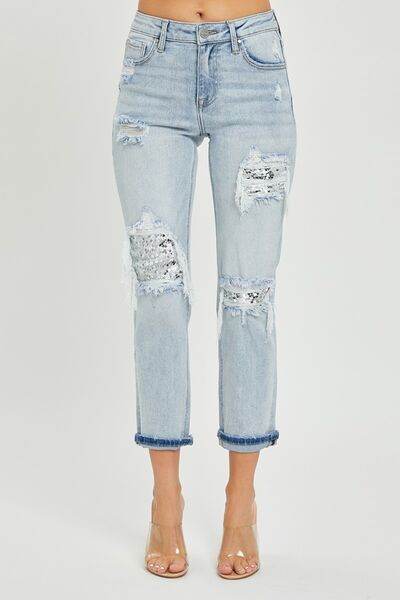RISEN Mid-Rise Sequin Patched Jeans - Hovatok