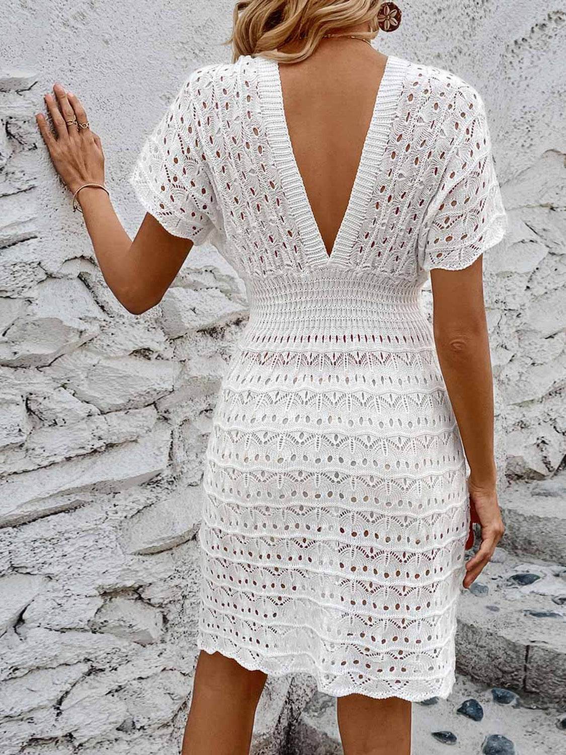 Openwork Plunge Short Sleeve Cover-Up Dress - Hovatok