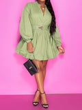 Notched Button Up Balloon Sleeves Dress - Hovatok