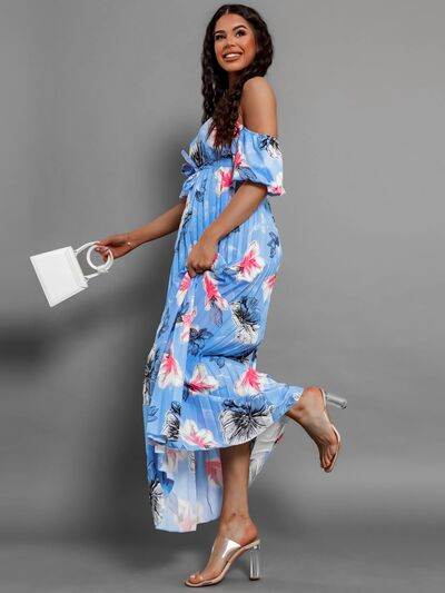 Pleated Floral Off-Shoulder Short Sleeve Midi Dress - Hovatok