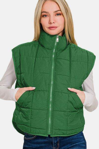 Zenana Zip Up Cropped Puffer Vest with Pockets - Hovatok