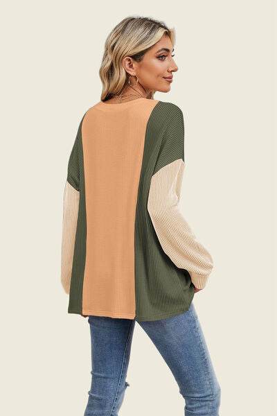 Double Take Texture Contrast Round Neck Long Sleeve T-Shirt - Hovatok