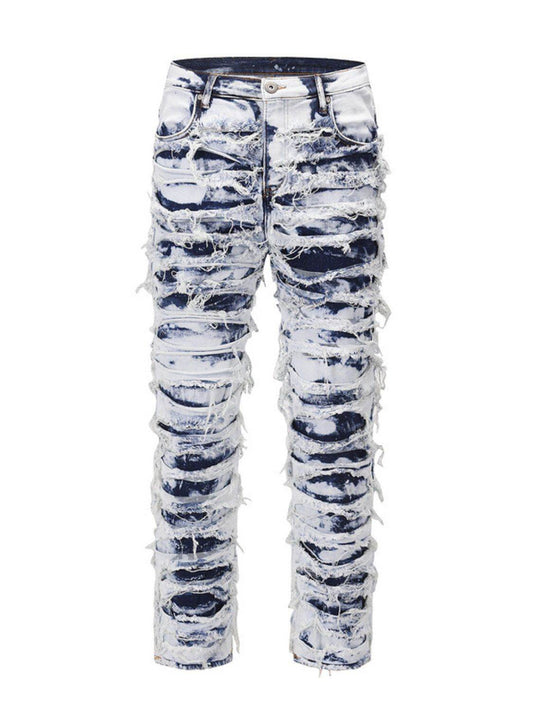 Men's Distressed Raw Hem Straight Jeans - Hovatok