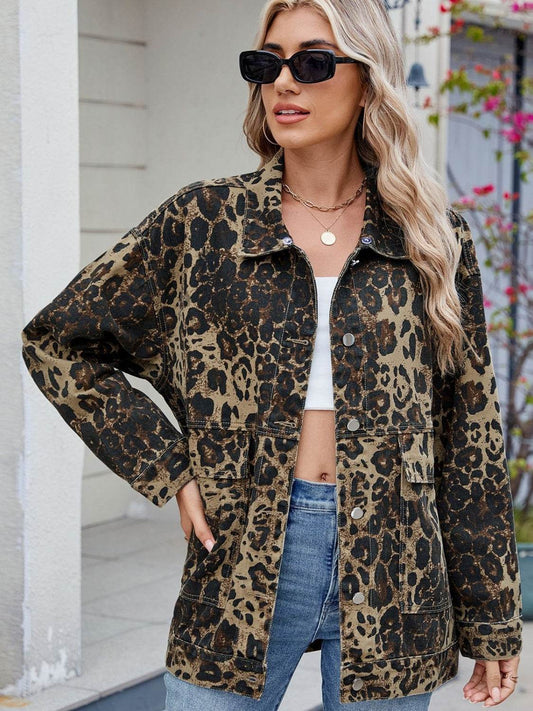 Leopard Button Up Drop Shoulder Denim Jacket - Hovatok