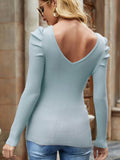 Ribbed V-Neck Puff Sleeve Sweater - Hovatok