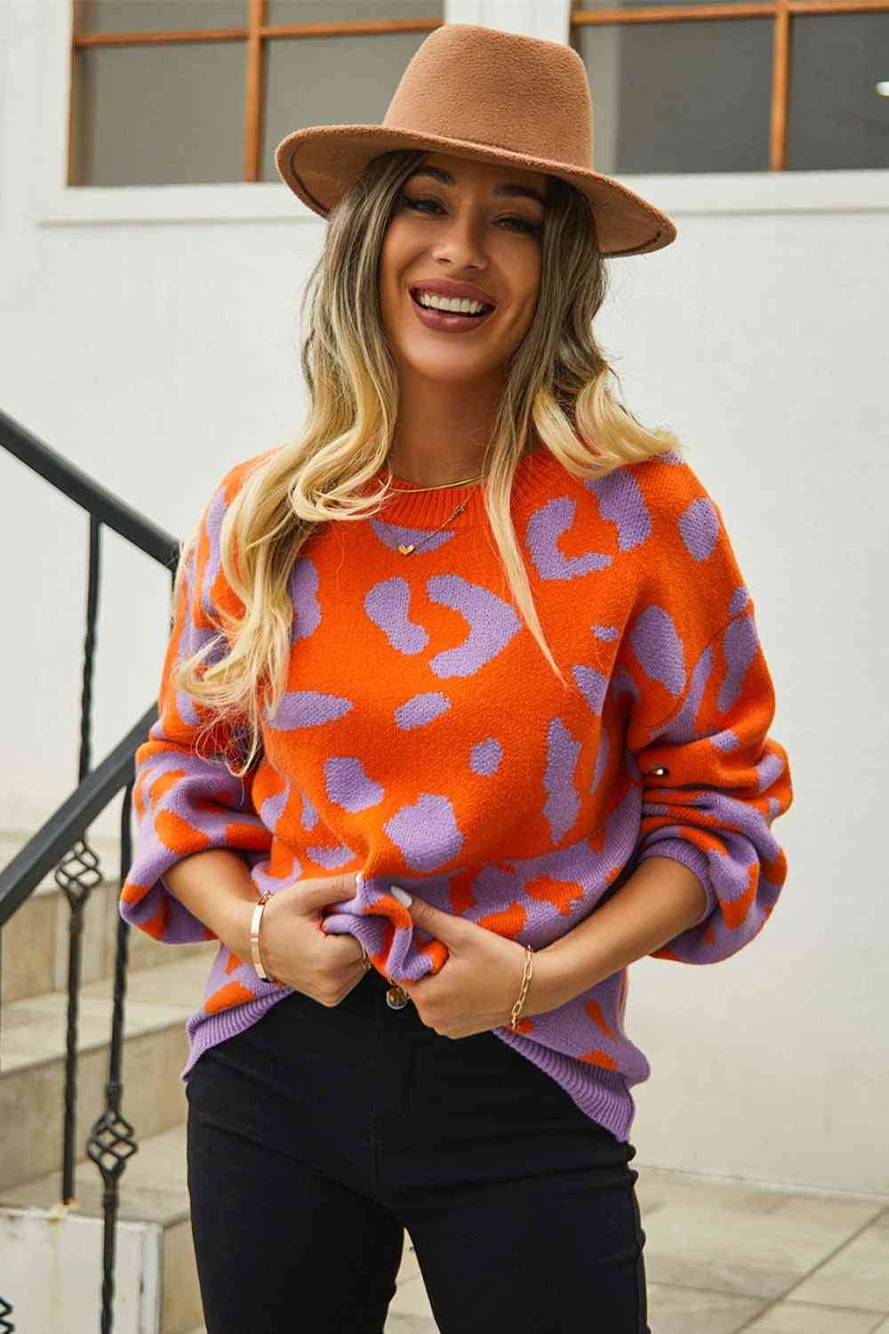 Angel Wings Woven Right Leopard Round Neck Dropped Shoulder Sweater - Hovatok