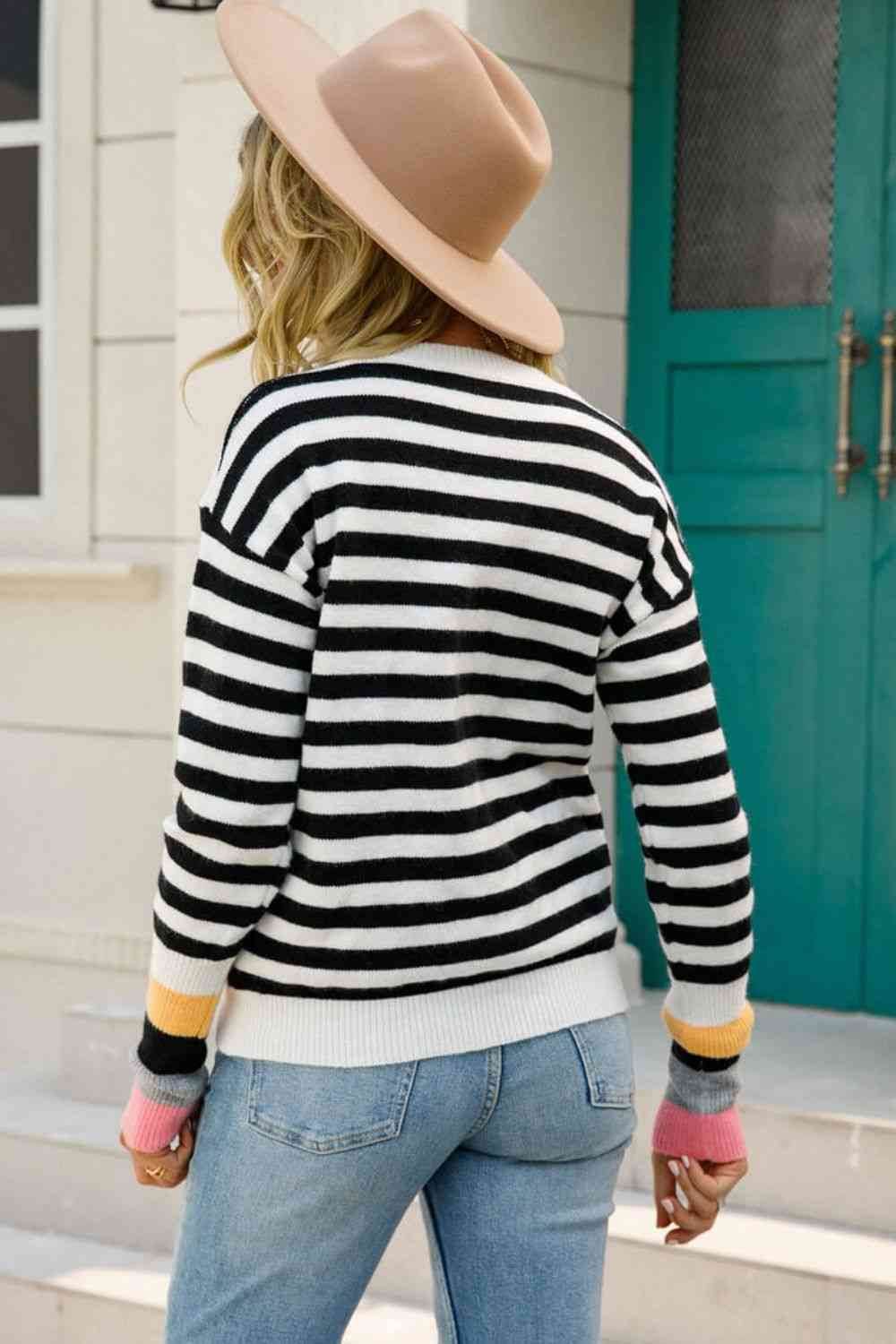 Angel Wings Warm Spice Striped Round Neck Sweater - Hovatok