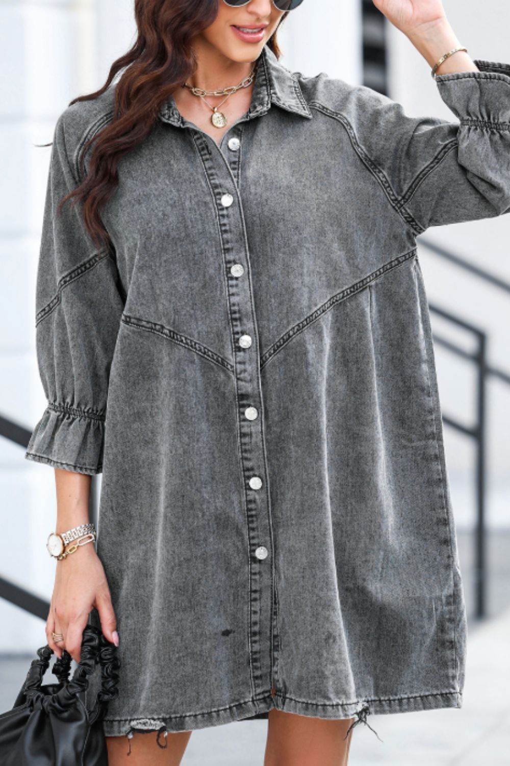Distressed Collared Neck Flounce Sleeve Denim Dress - Hovatok