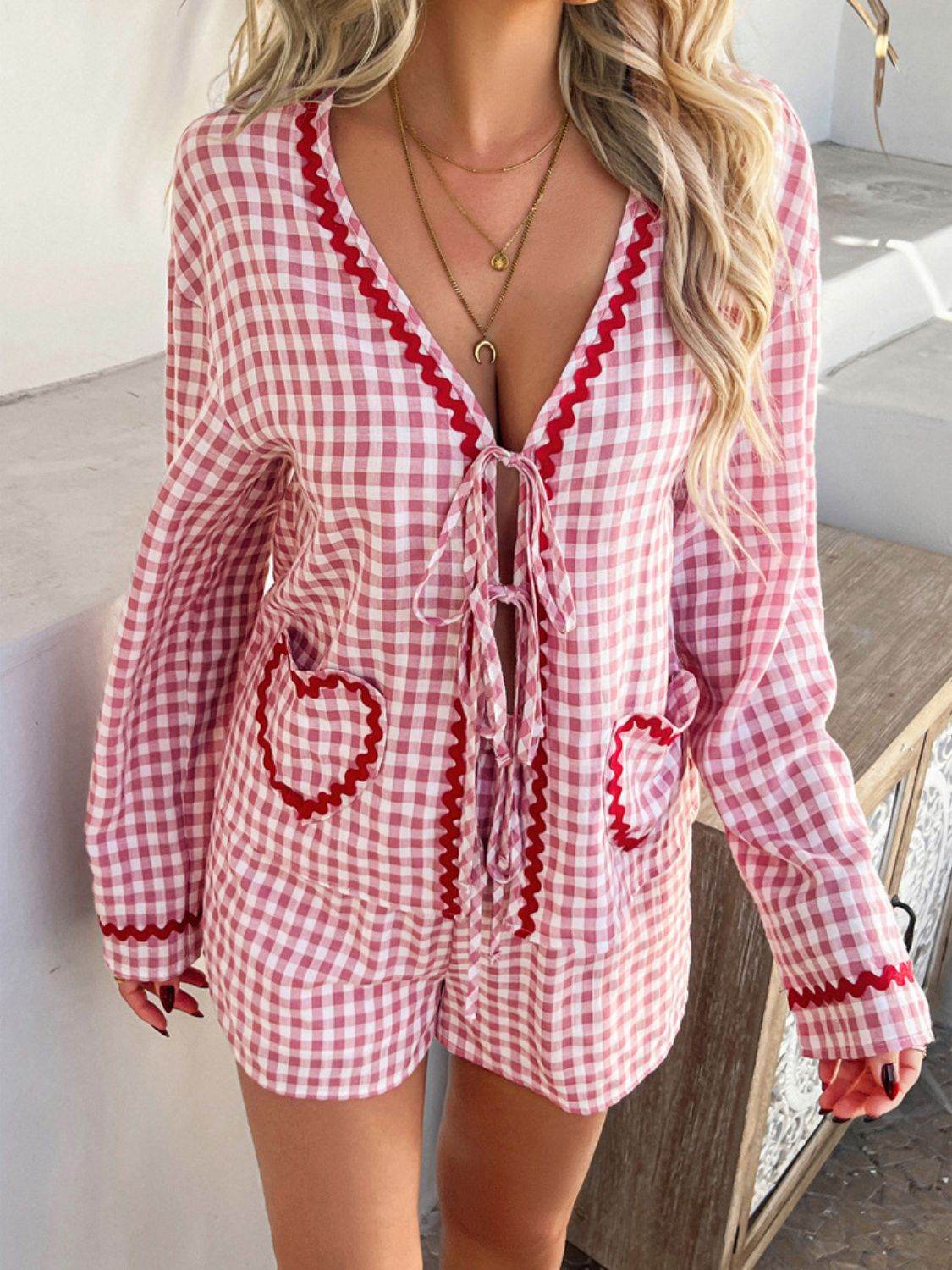 Devine Tie Front Contrast Plaid Shirt and Shorts Set - Hovatok