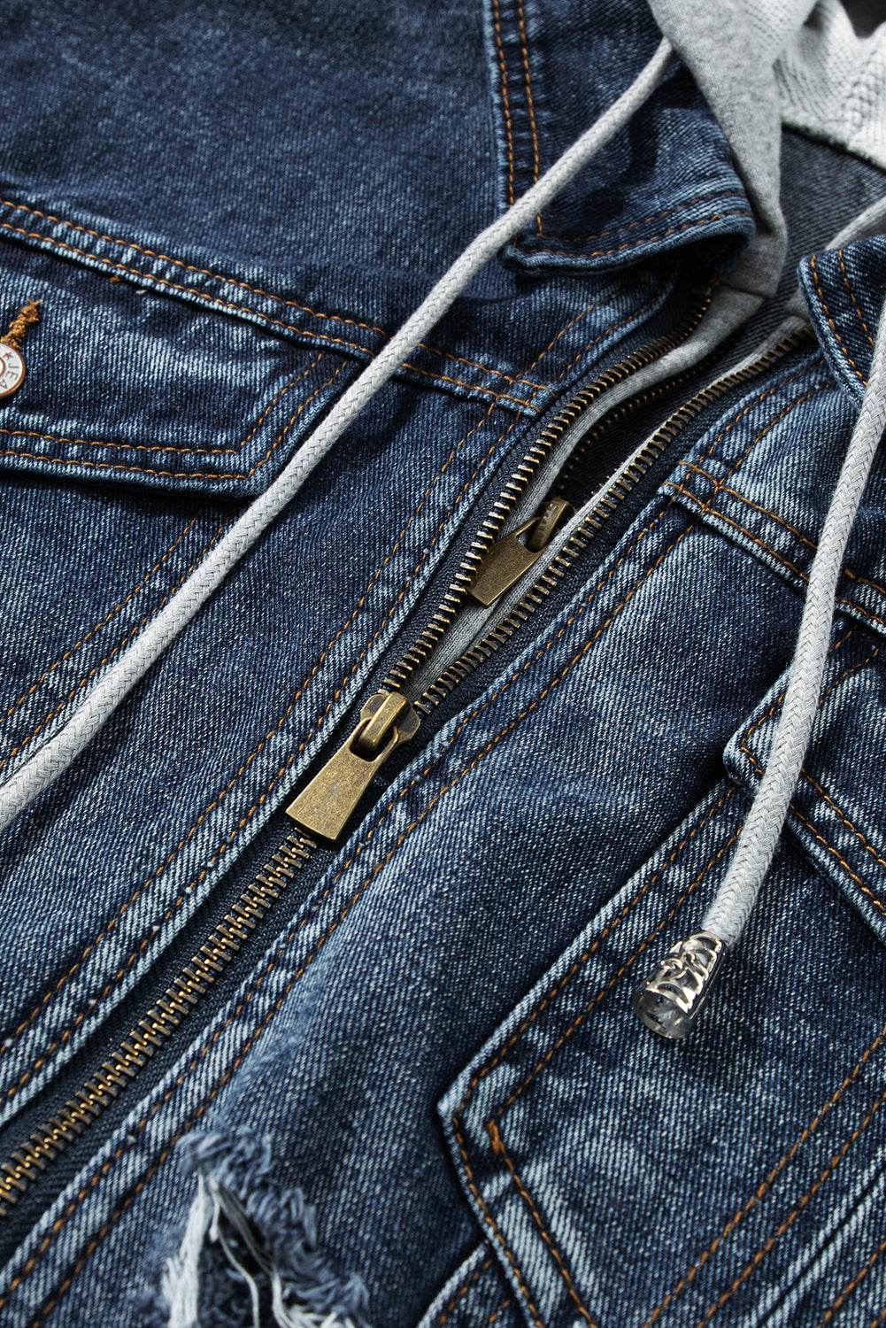 Fake Two-Piece Hooded Zip-Up Denim Jacket - Hovatok
