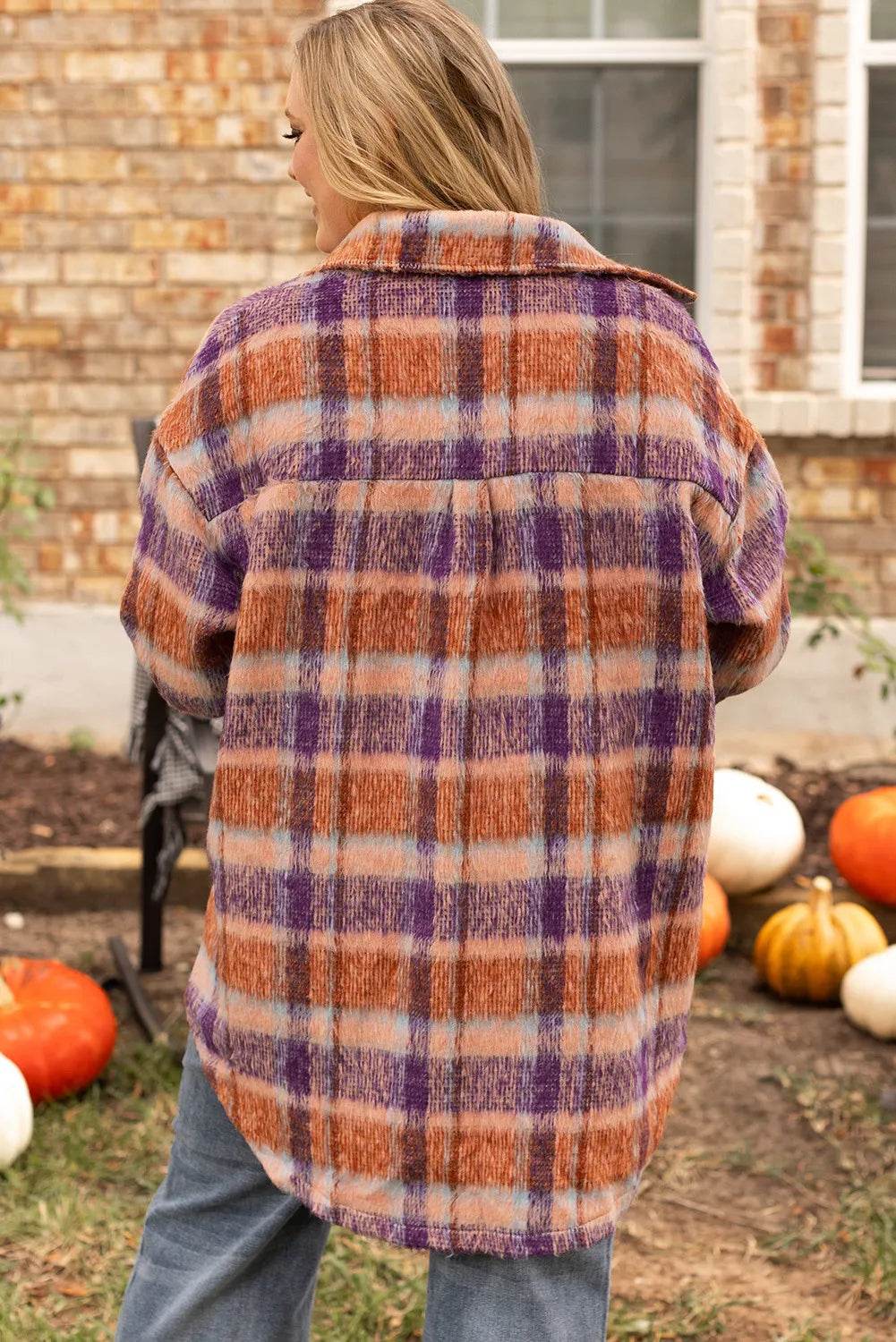 Plus Size Plaid Collared Neck Long Sleeve Jacket - Hovatok
