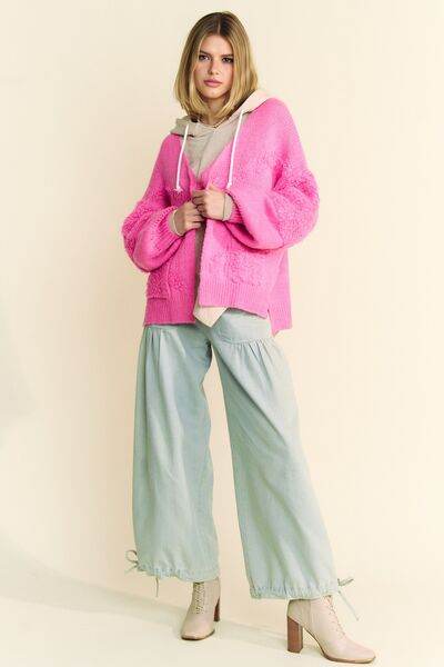 Davi & Dani Side Slit Open Front Long Sleeve Cardigan - Hovatok
