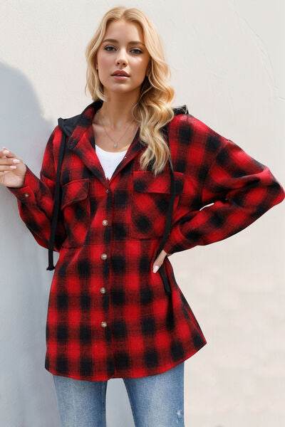 Double Take Drawstring Plaid Long Sleeve Hooded Shacket - Hovatok