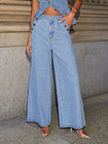 Button Down Vest and Wide Leg Jeans Denim Set - Hovatok