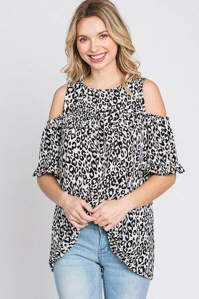 Heimish Full Size Leopard Round Neck Cold Shoulder T-Shirt Plus Size - Hovatok