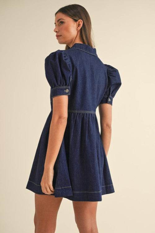 Collared Neck Half Zip Denim Dress - Hovatok