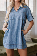 Short Sleeve Collared Patched Pocket Denim Mini Dress - Hovatok