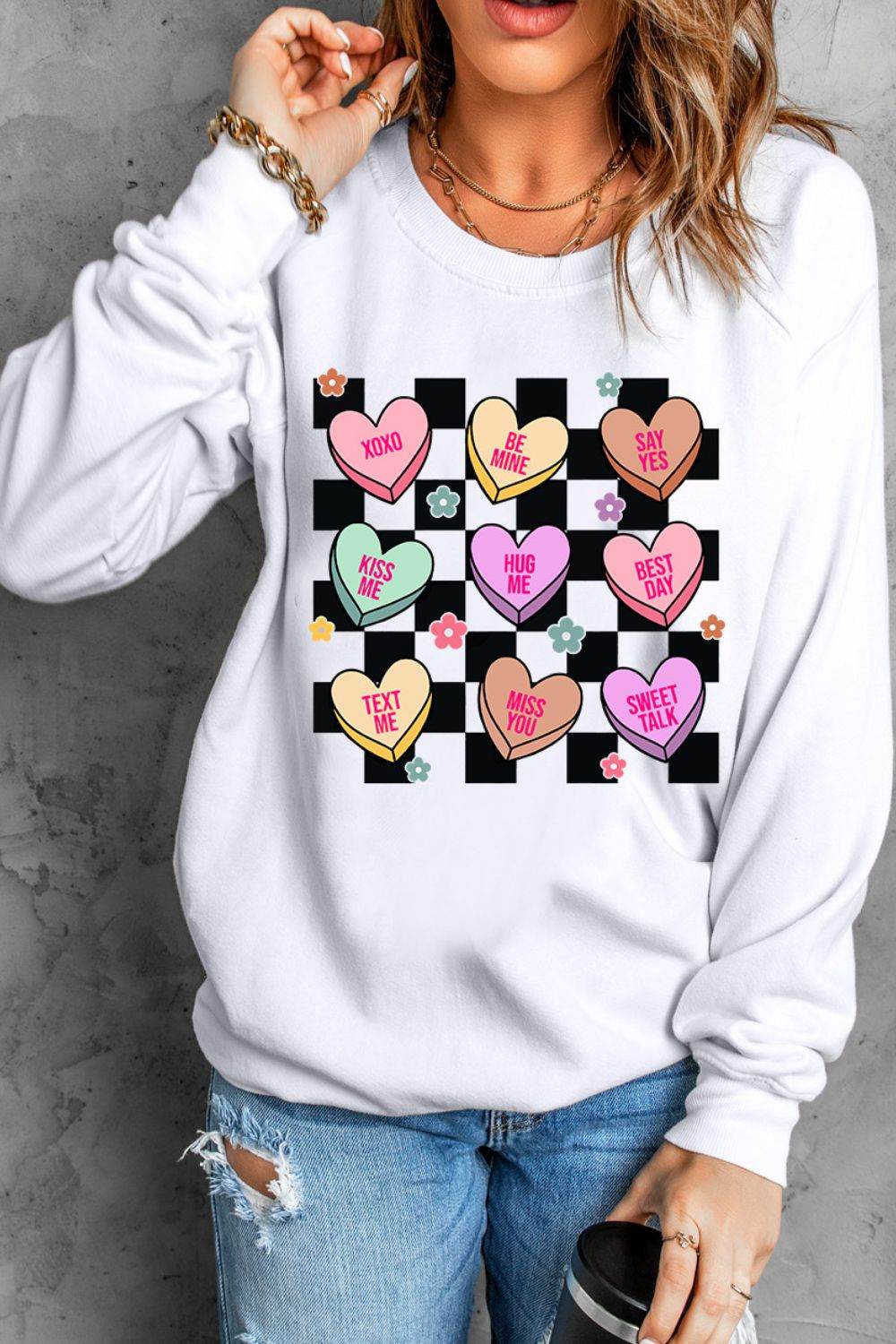 Valentine's Day Checkered Heart Long Sleeve Sweatshirt - Hovatok