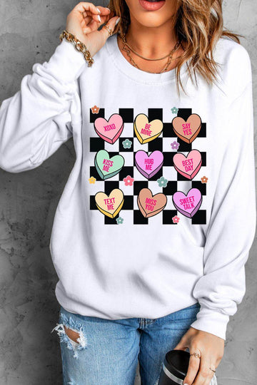 Valentine's Day Checkered Heart Long Sleeve Sweatshirt - Hovatok
