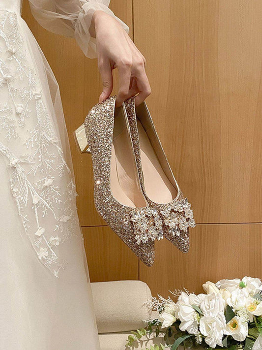 Glitter Point Toe Block Heel Pumps - Hovatok