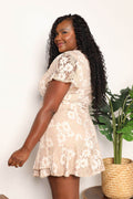 Double Take Floral Lace Pompom Detail Tie-Waist Flutter Sleeve Dress - Hovatok