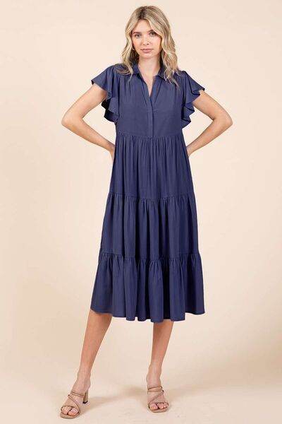 Mittoshop Ruffle Sleeve Collared V Neck Tiered Midi Dress - Hovatok