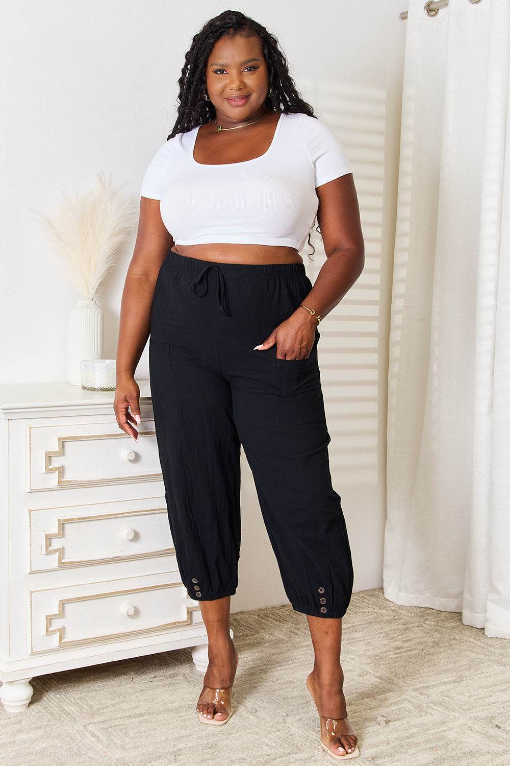 Shiny Decorative Button Cropped Pants - Hovatok