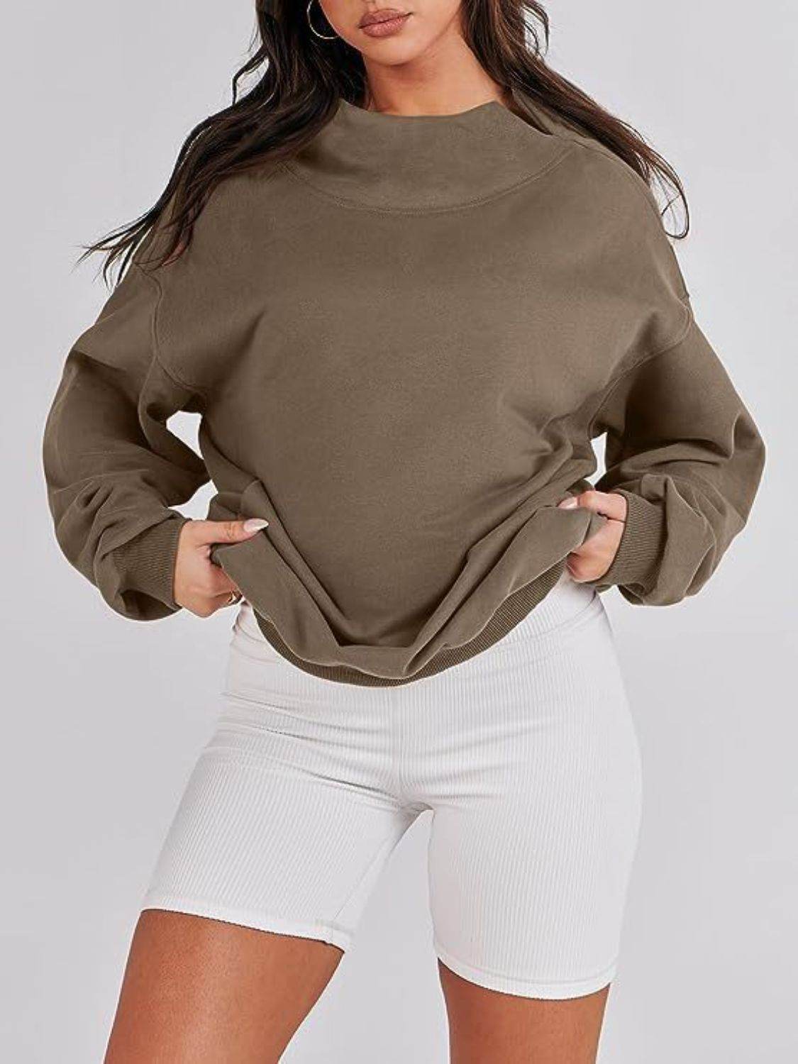 Mock Neck Drop Shoulder Long Sleeve Sweatshirt - Hovatok