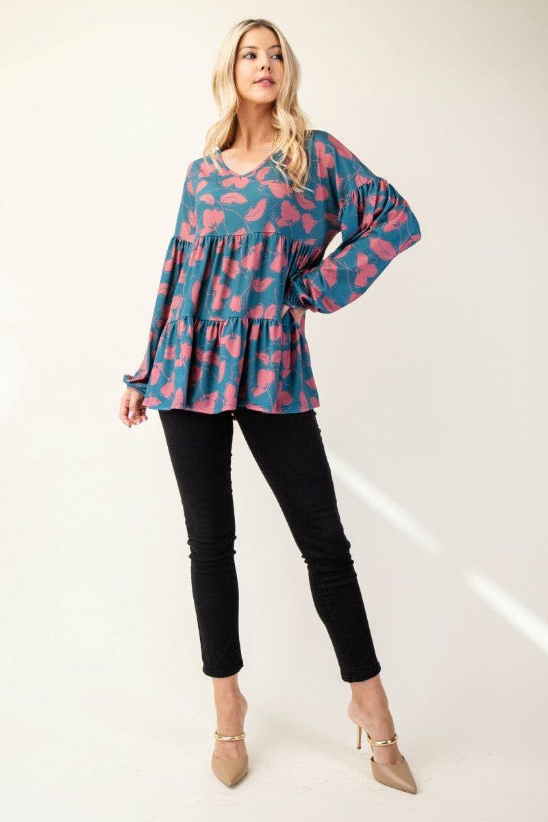 Celeste Full Size Tiered Floral V-Neck Long Sleeve Blouse - Hovatok