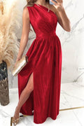One Shoulder Slit Ruched Maxi Dress - Hovatok
