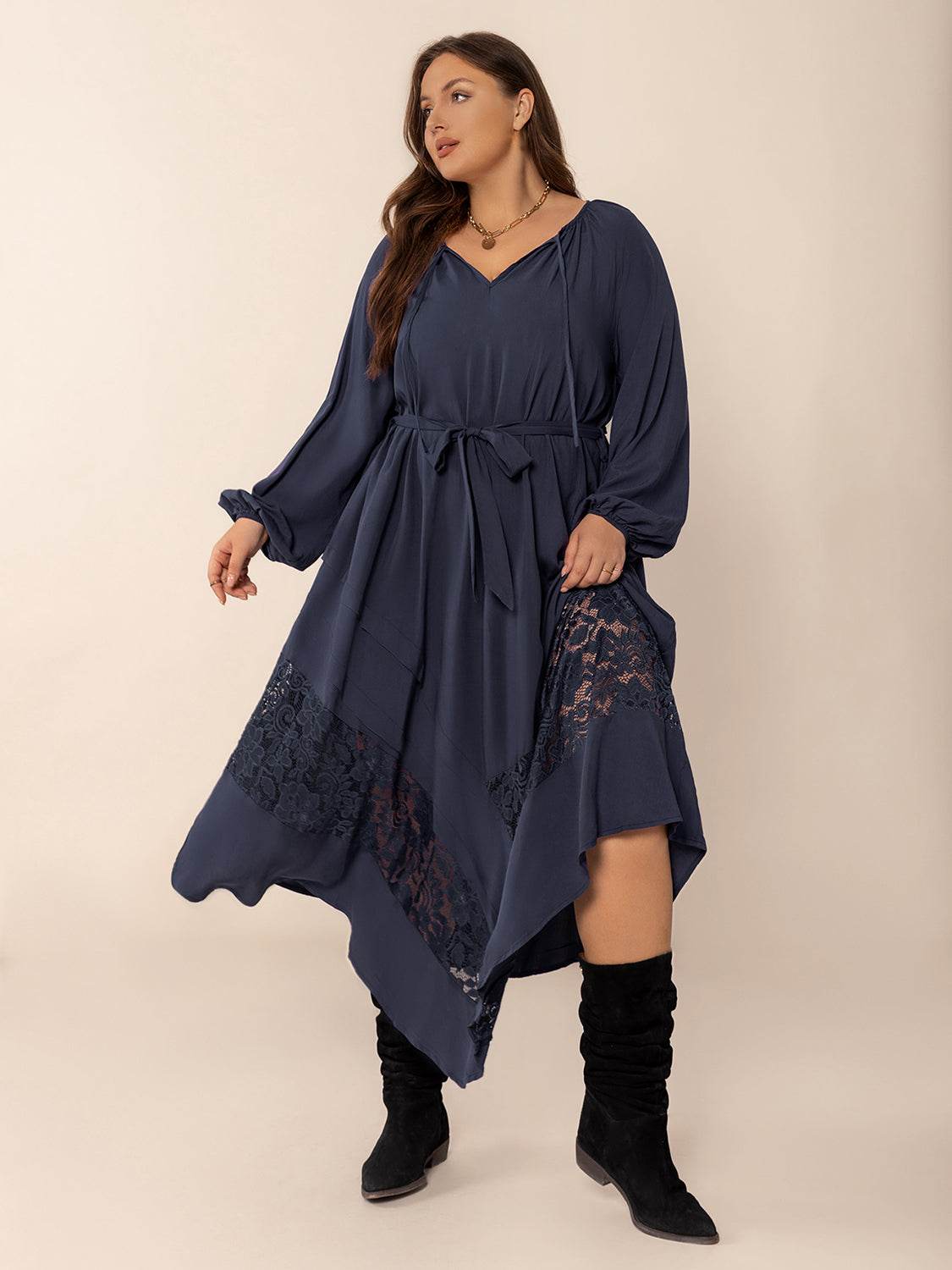 Plus Size Lace Detail Tie Neck Long Sleeve Midi Dress - Hovatok