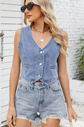 Button Down V-Neck Denim Vest - Hovatok