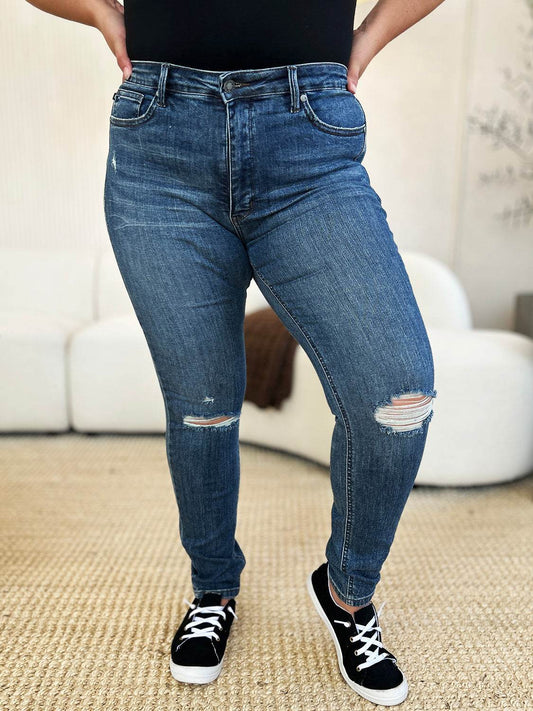 Judy Blue Full Size Mid Waist Distressed Slim Jeans - Hovatok