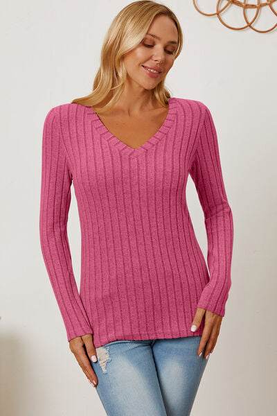 Basic Bae Full Size Ribbed V-Neck Long Sleeve T-Shirt - Hovatok