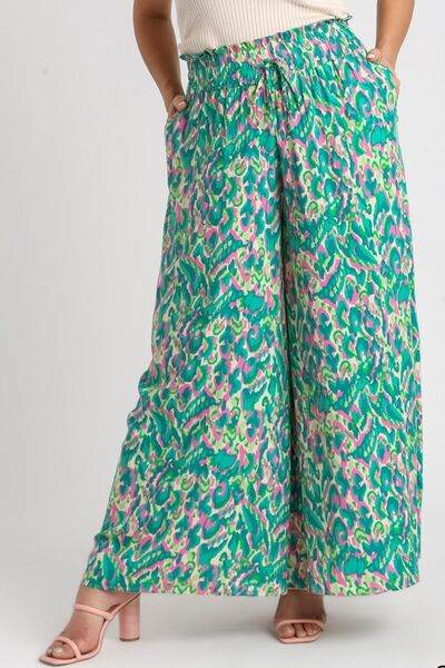 Umgee Full Size Mixed Print High Waist Wide Leg Pants Plus Size - Hovatok