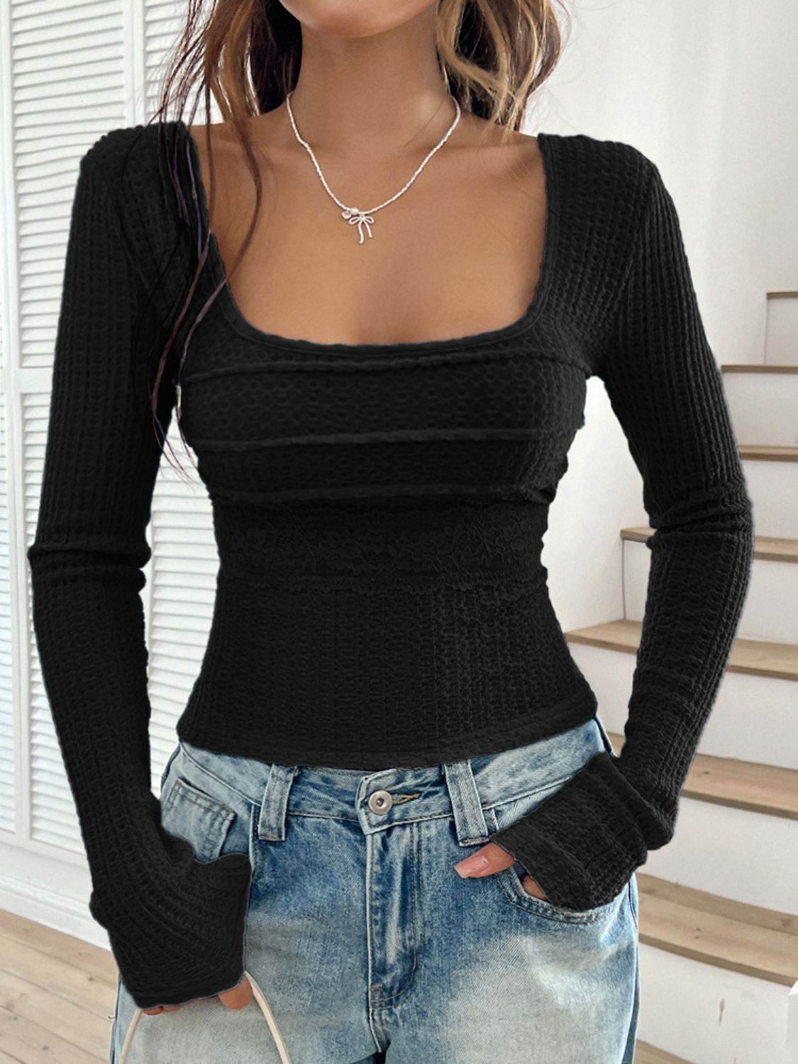 Devine Back Tie Square Neck Long Sleeve Top - Hovatok